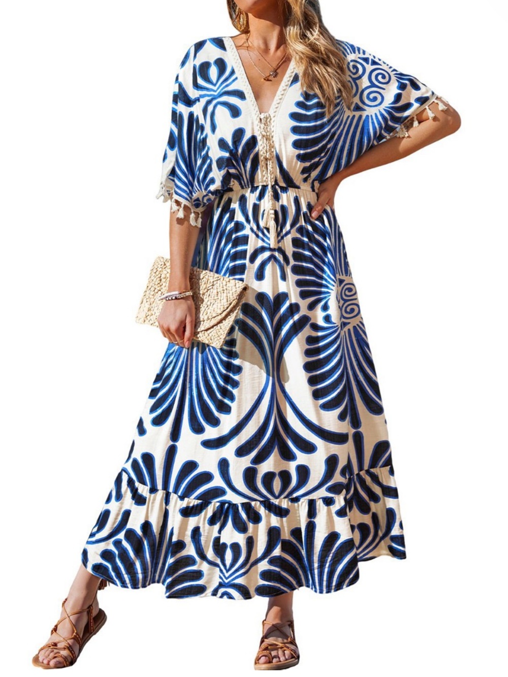 Cupshe White & Blue V‑Neck Tassel Boho Maxi Dress